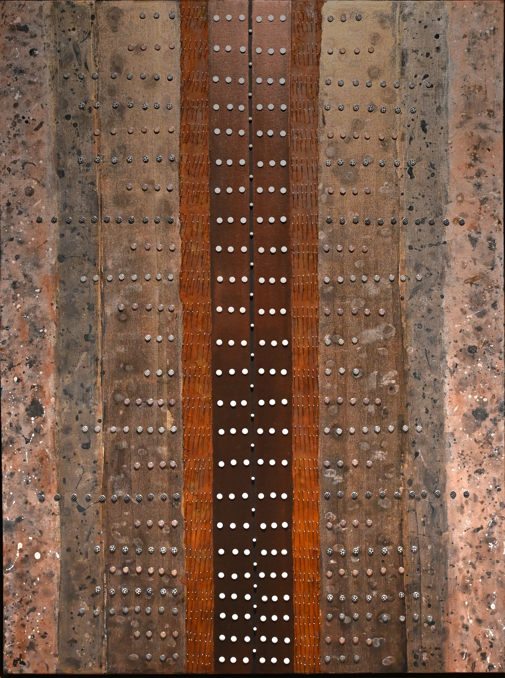 Native III — multi-media acrylic glass tacks nails white tacks white map push pens canvas mounted on foamboard