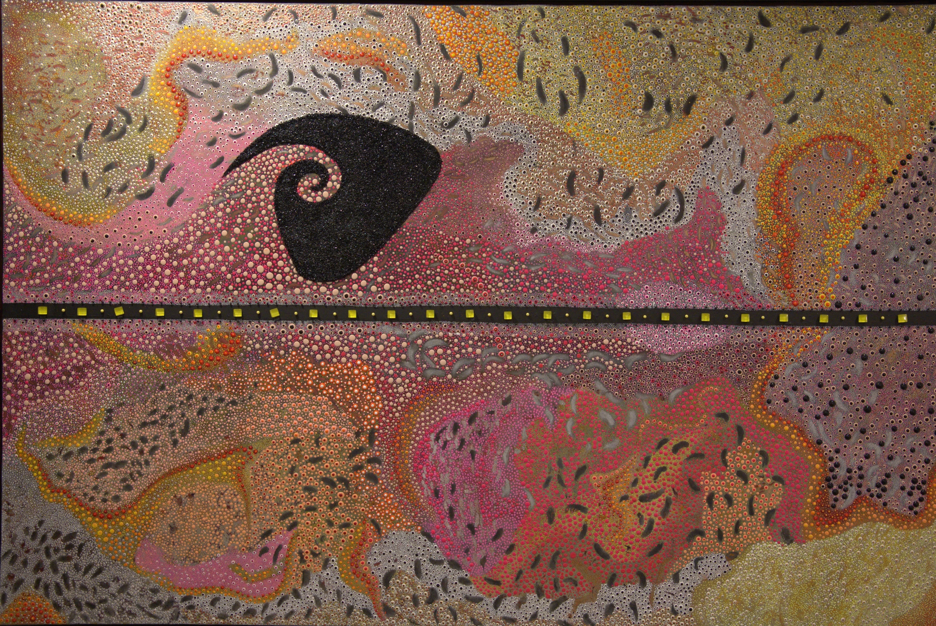 Biomorphic I — mixed media acrylic paint black crushed glass yellow map push pins yellow crystal square tacks on canvas mounted on foam board