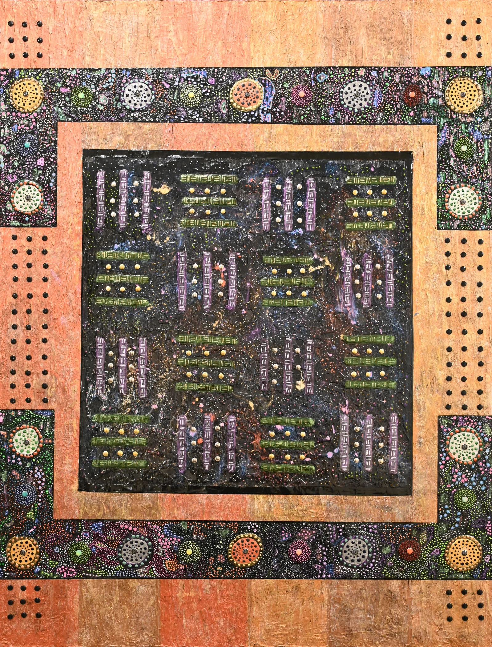 Egypt — multi-media acrylic gold silver and black tacks multi-colored glass tacks canvas mounted on foamboard