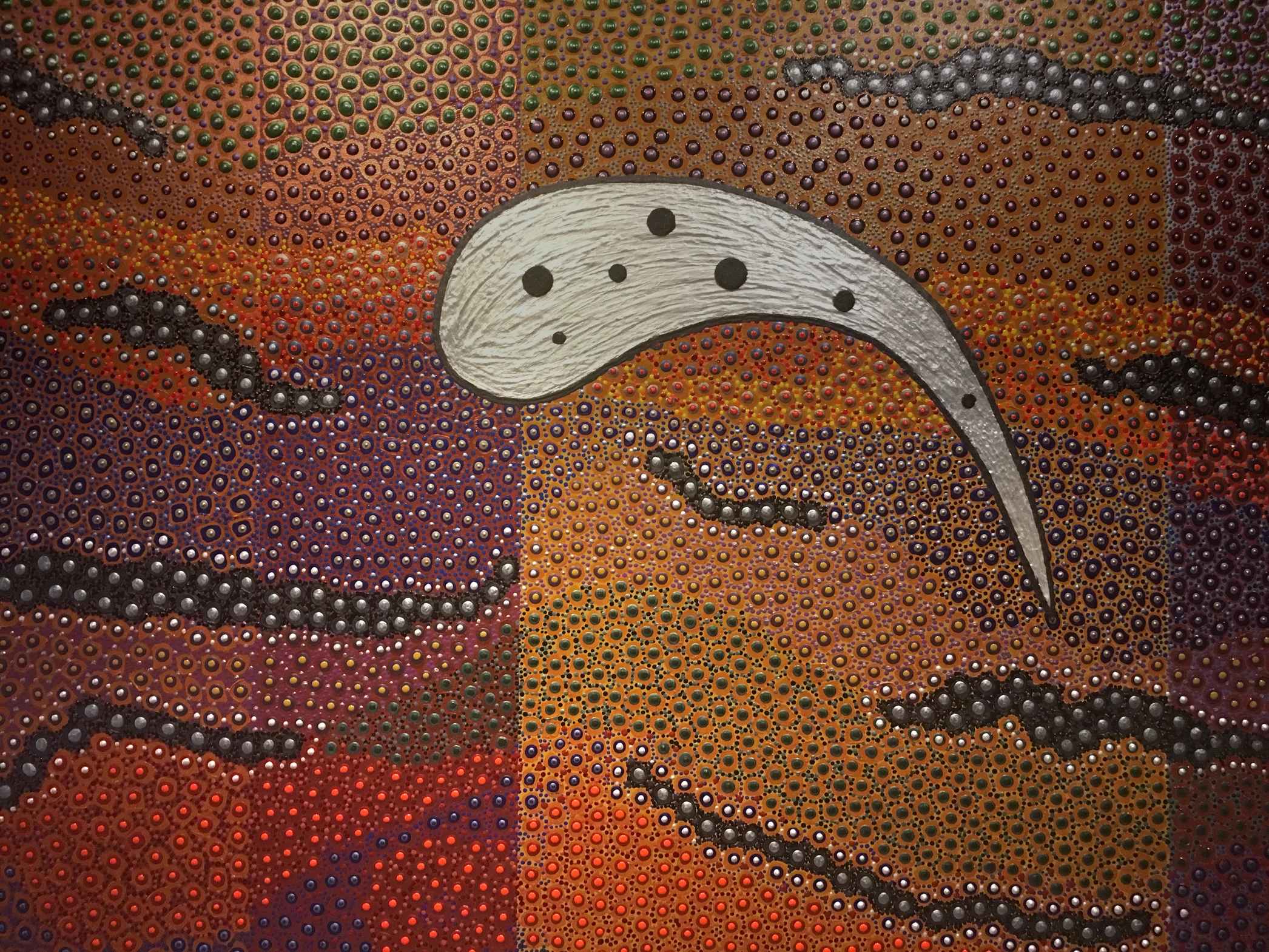 LIFE — acrylic and molding paste on canvas mounted on foam board, warm earth tones with dotted texture and white biomorphic form