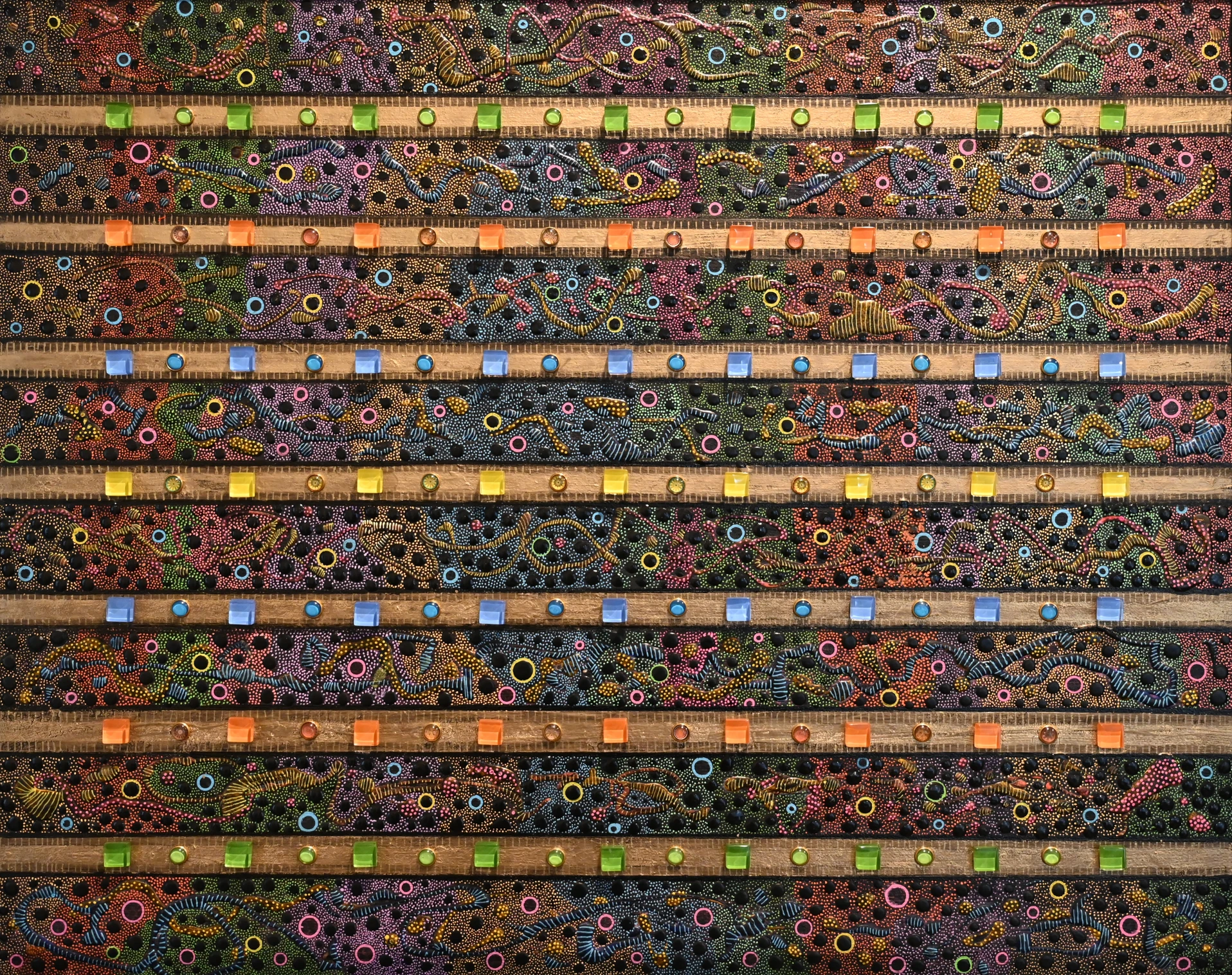 Native IV — multi-media acrylic multi-colored square and round glass tacks mounted on canvas over foamboard